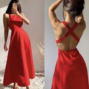 Zara Long Linen Blend Dress Cross Strap Back Red